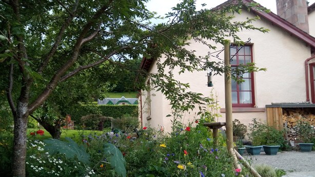 A quaint house with a garden in front, a visible window, and a wooden fence.