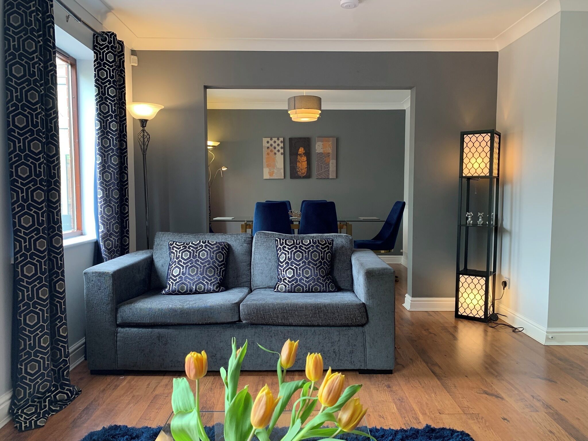 Smart-tv, een open haard, een kantoor en een computerscherm