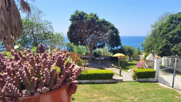 A garden with a potted plant, a pathway, neatly trimmed hedges, and a view of the sea. - Villa Selenia, completamente autonoma a pochi metri dal mare! (JOPPOLO)