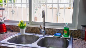 A kitchen with a double sink, a potted plant, a blender, and a bottle of dish soap. - Beautiful 2-bed Villa in Punta Cana Bavaro (Punta Cana)