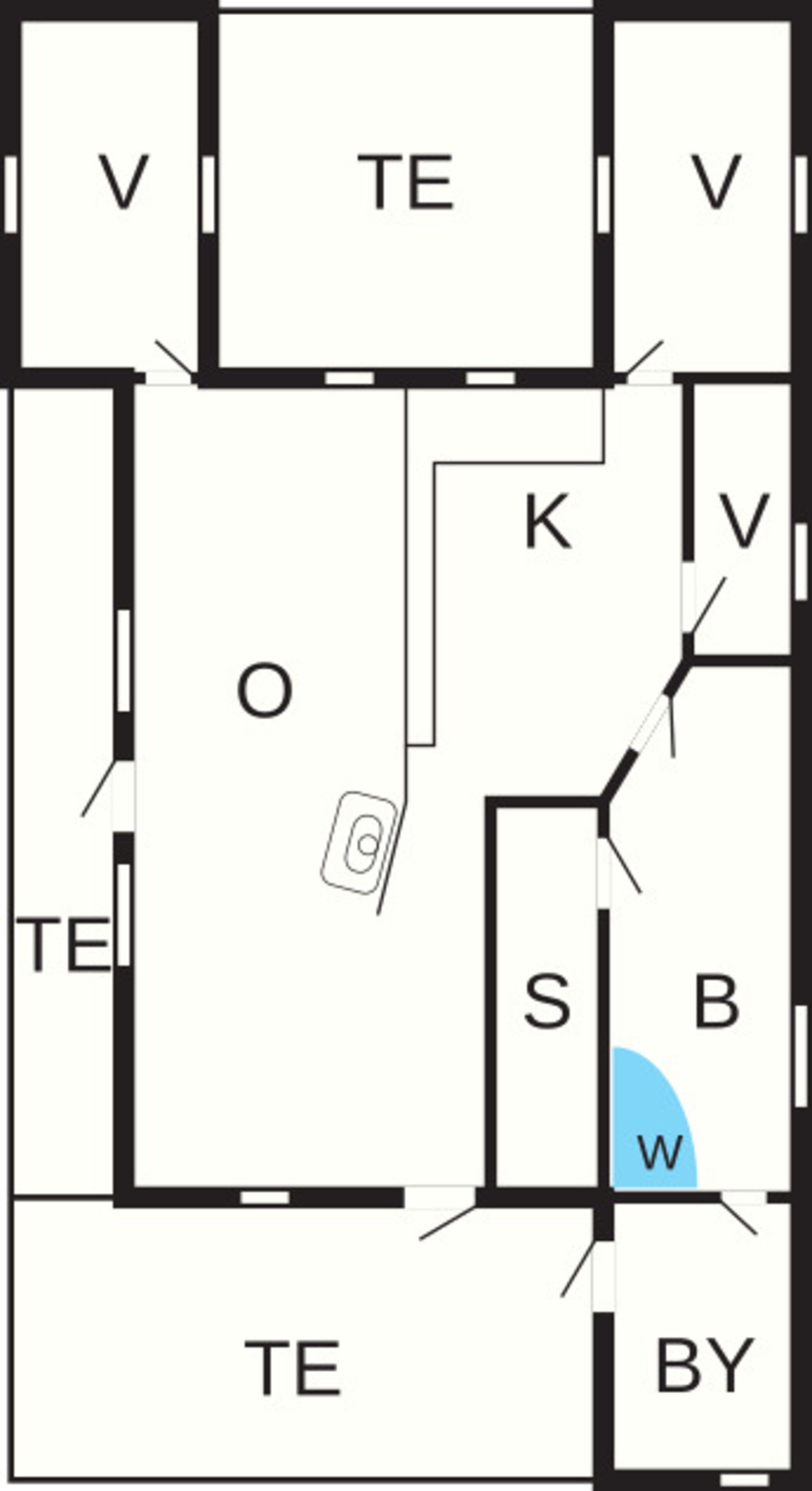 Een plattegrond van een hotel met aangeduide kamers, onder meer V, TE, K, S, B en BY.