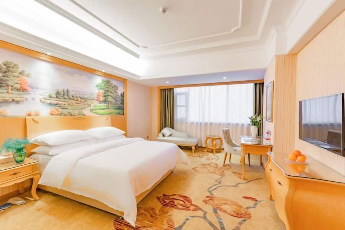Habitación de hotel con una cama grande, un escritorio con silla, un televisor y un cuadro en la pared.