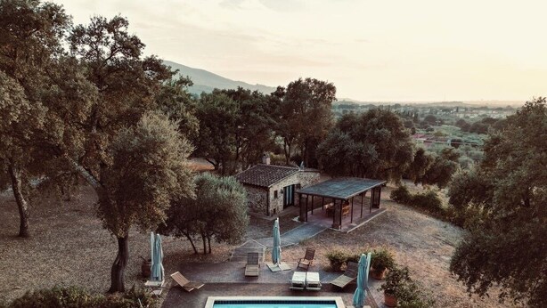 Zona de piscina con sillones de descanso y sombrillas, rodeada de árboles y un pequeño pabellón.