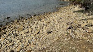 Una playa rocosa con un mar tranquilo y un promontorio boscoso al fondo.