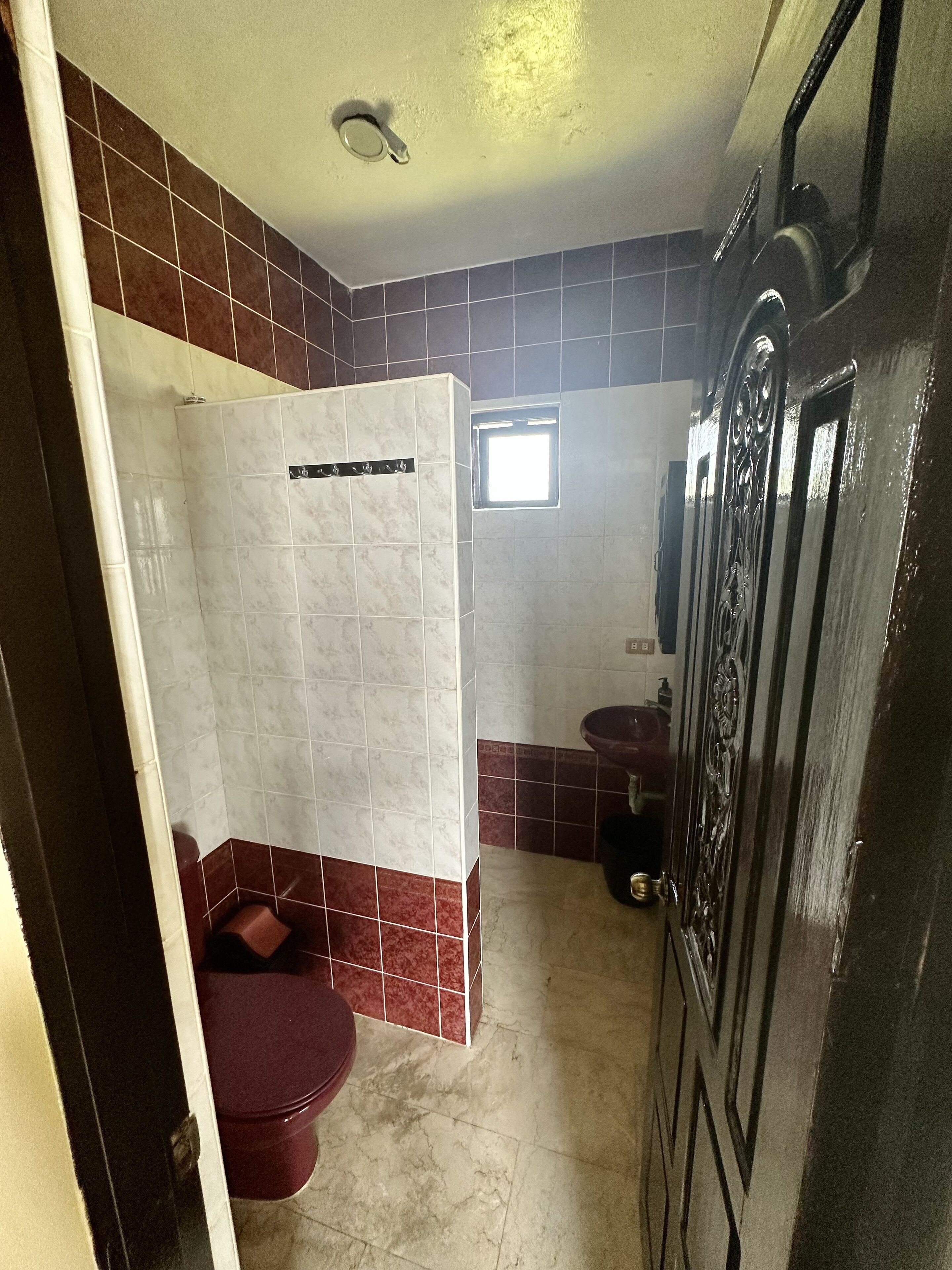 Un baño con inodoro, lavabo y zona de ducha.