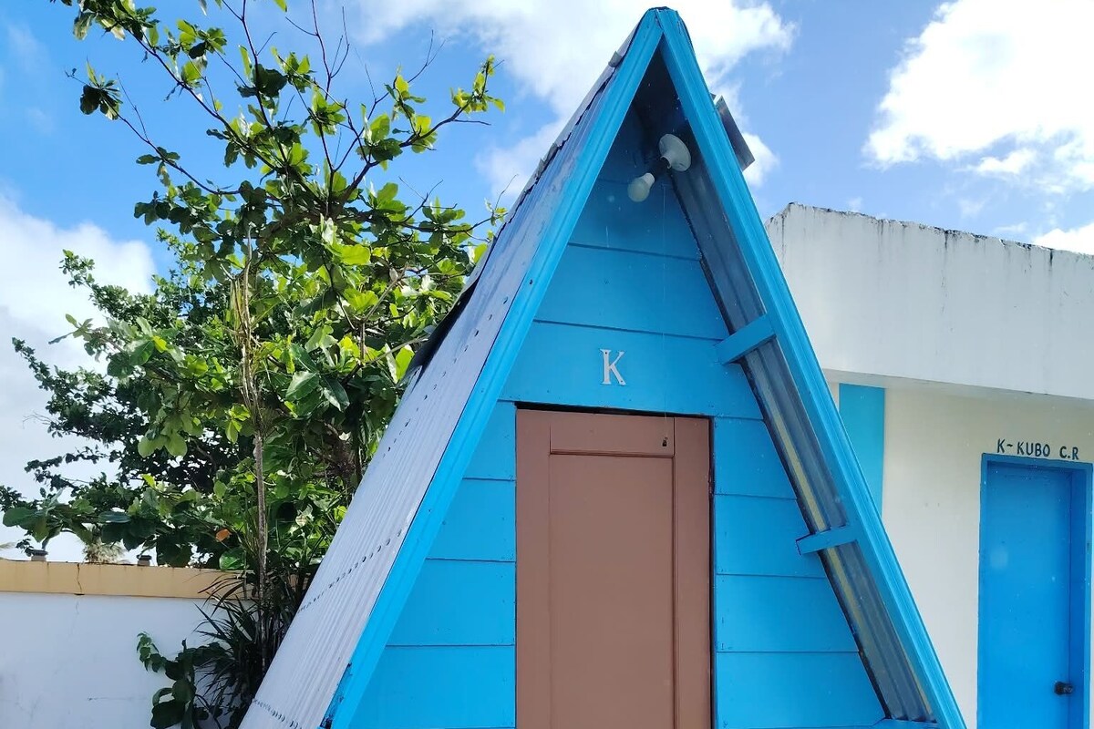 A small, triangular, blue-roofed structure with a brown door, marked with a 'K'.
