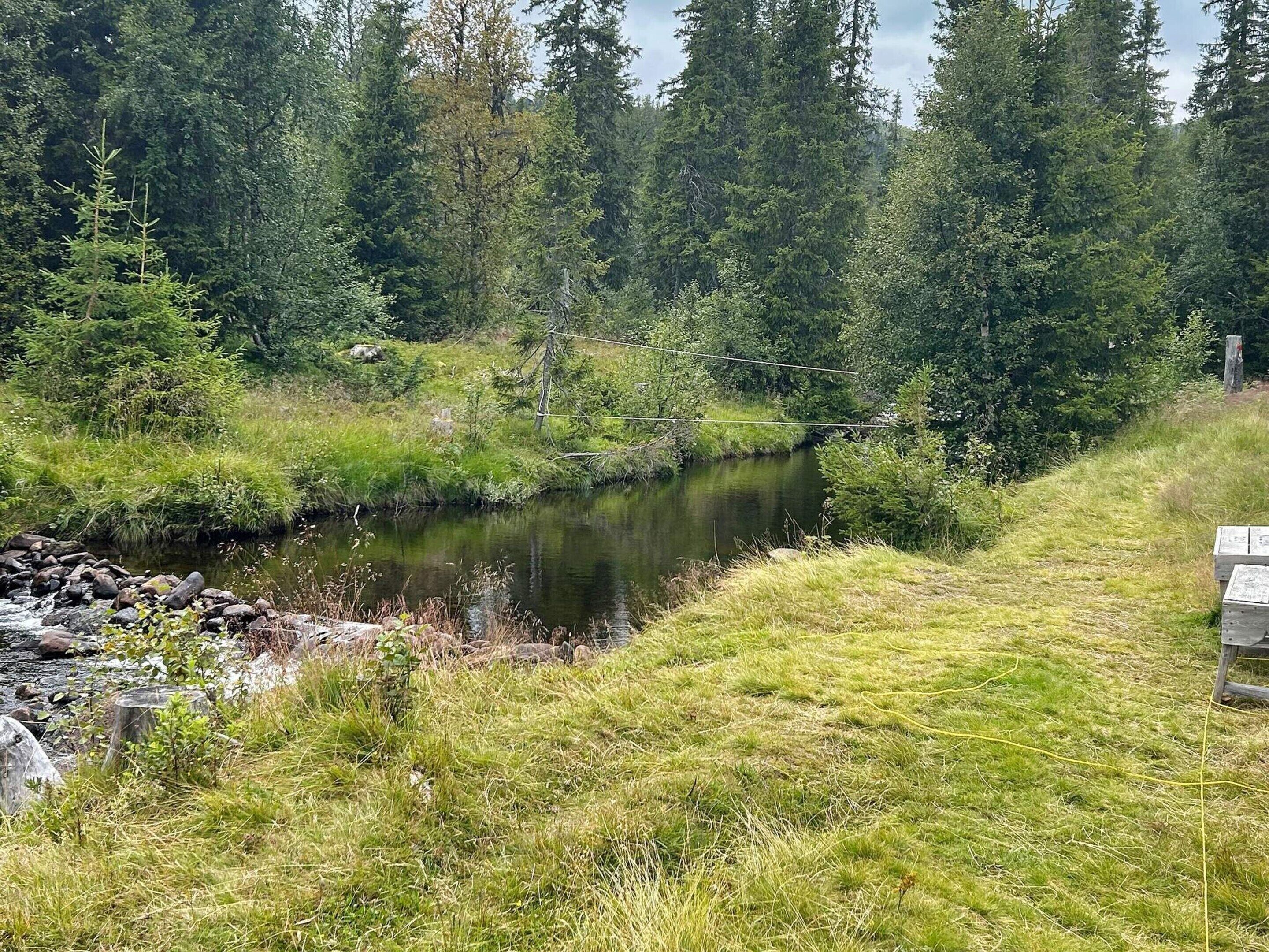 A serene river with surrounding greenery and a wooden structure on the right.
