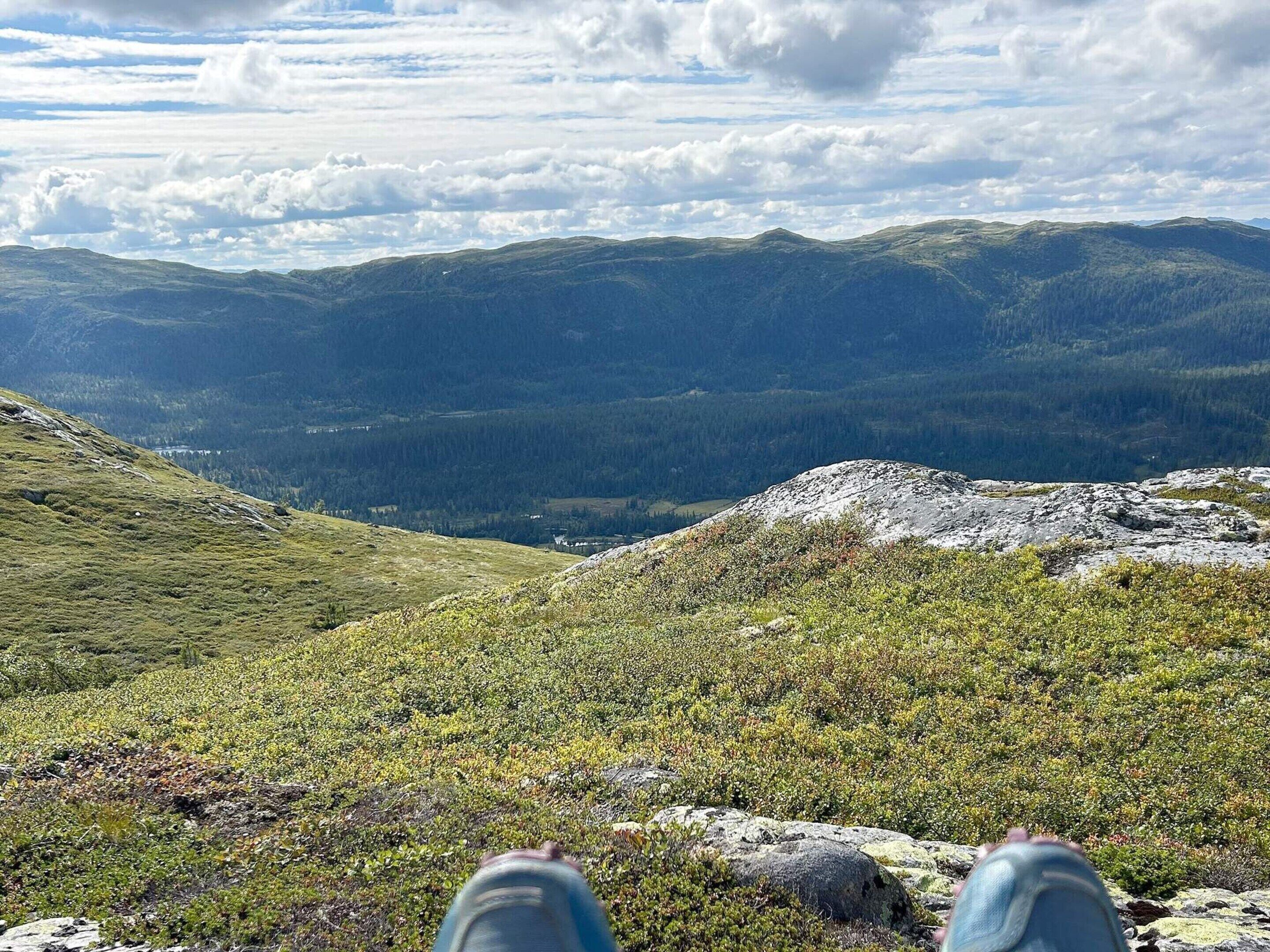 Et bjerglandskab med udsigt til fjerne bakker og en dal.