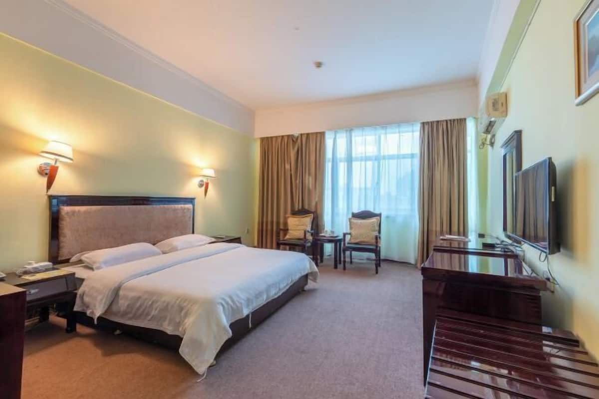 A hotel room with a large bed, two bedside tables, a desk, a chair, and a television.