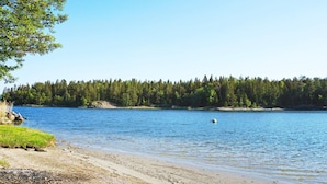 Une vue sur le lac, avec une plage de sable, une rive bordée d’arbres et un ciel dégagé.