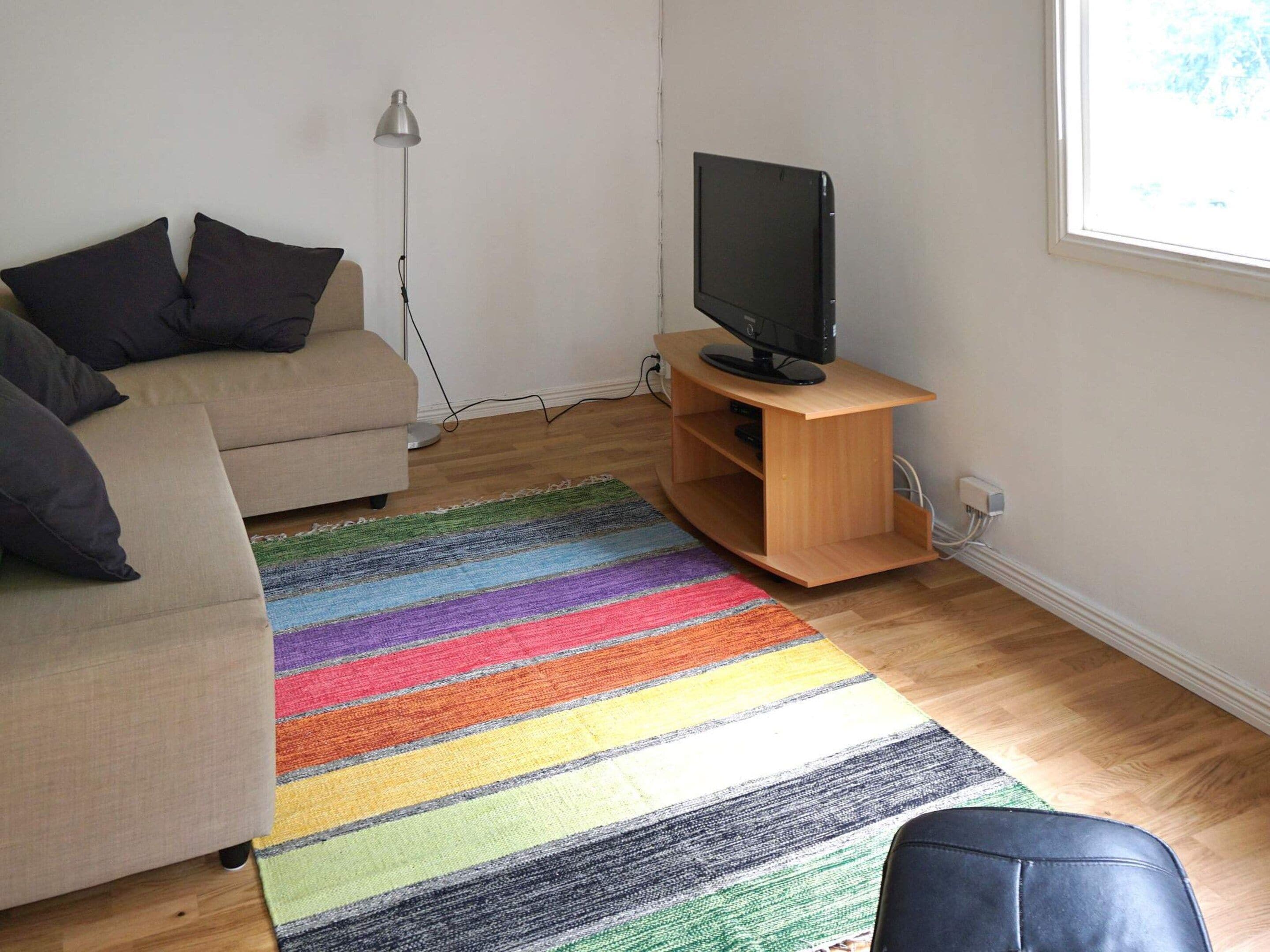 A living room with a sofa, a television on a wooden stand, a colorful striped rug, and a window.
