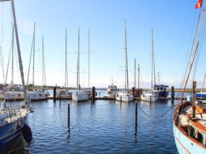A marina with multiple sailboats docked at wooden piers.