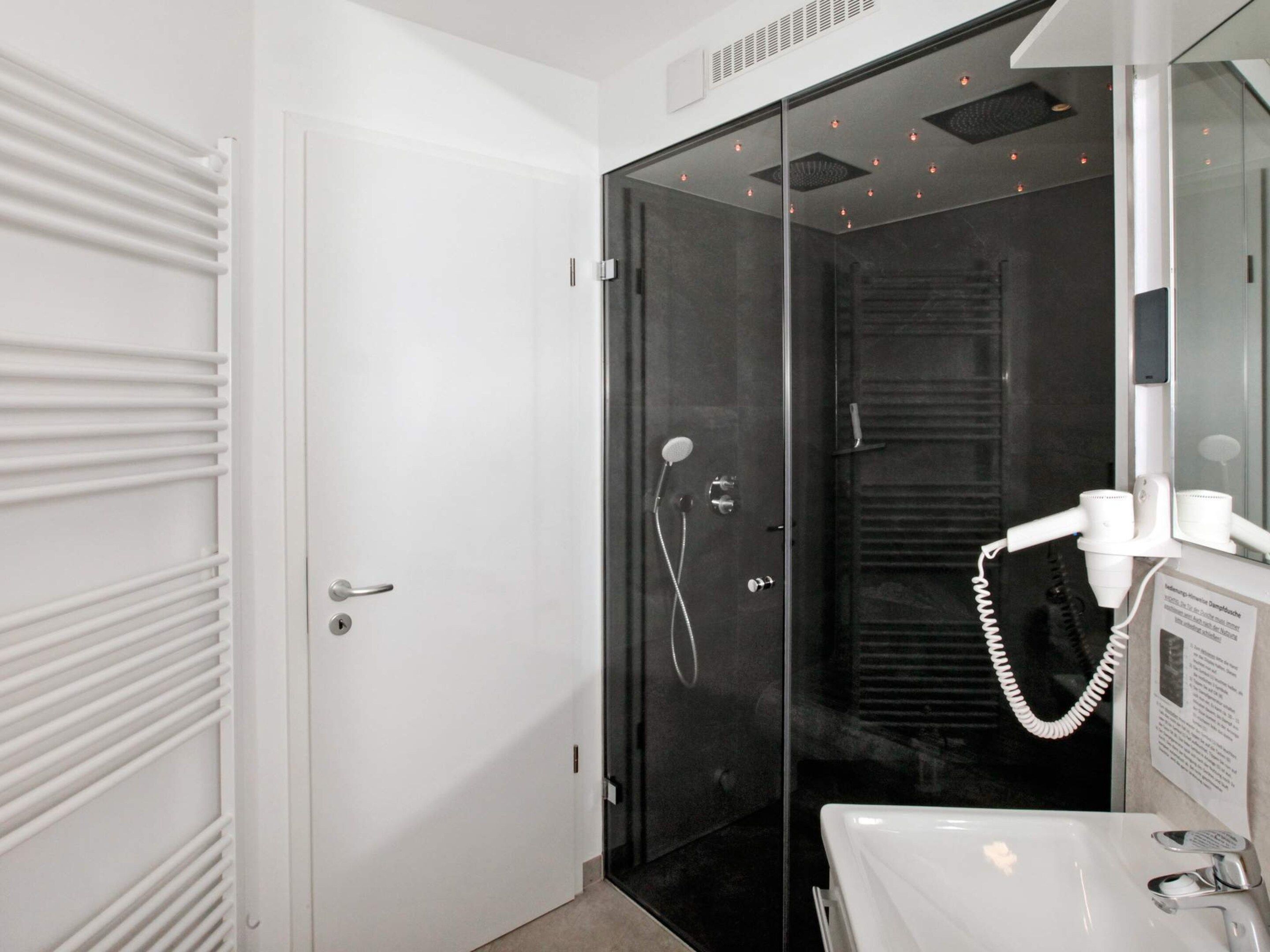 A modern bathroom with a glass shower enclosure, a white sink, and a hairdryer on the counter.