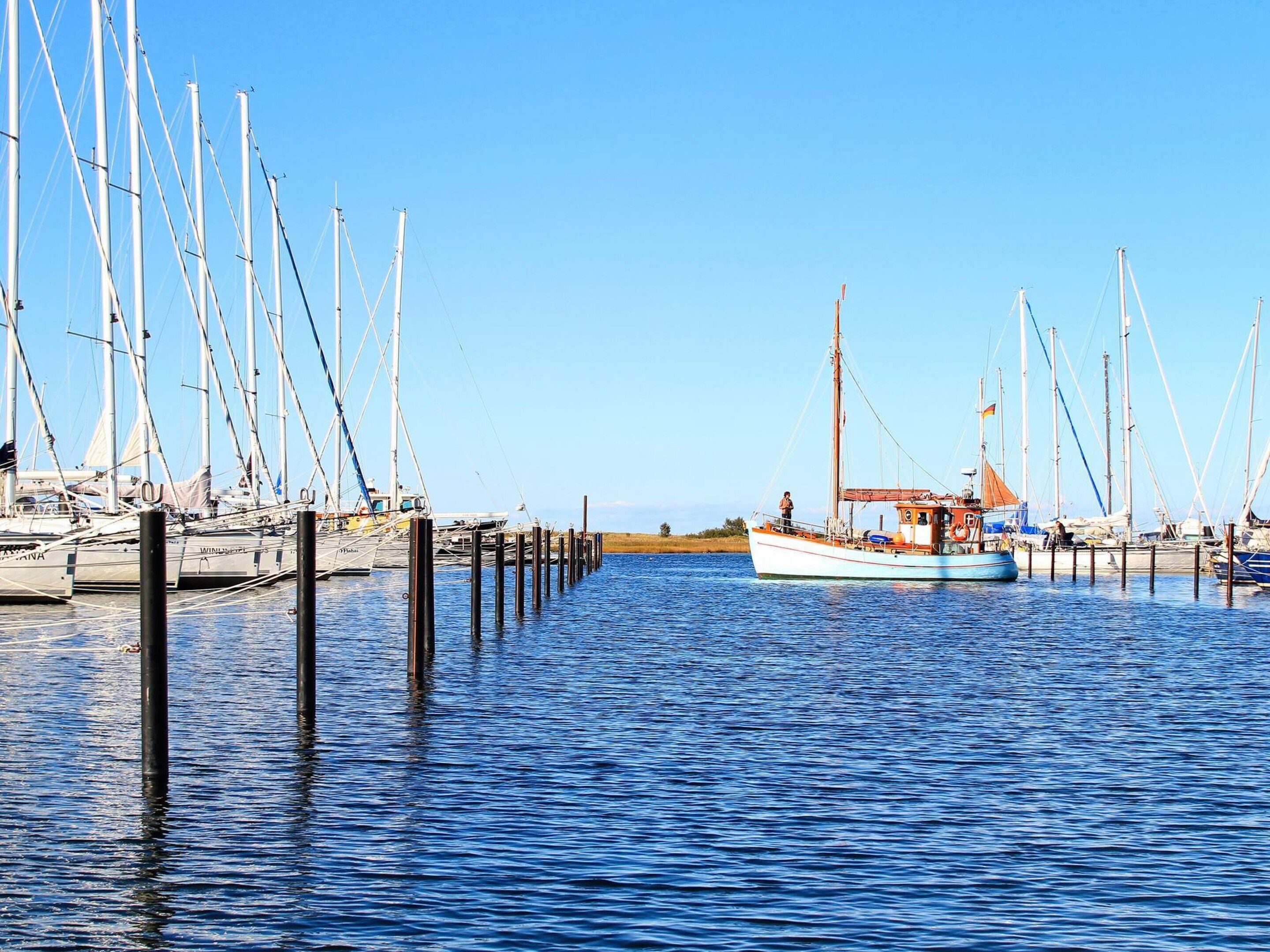 A marina with multiple sailboats docked at wooden piers.