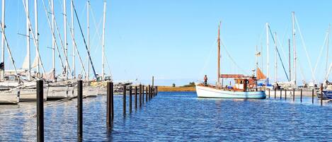 A marina with multiple sailboats docked at wooden piers.
