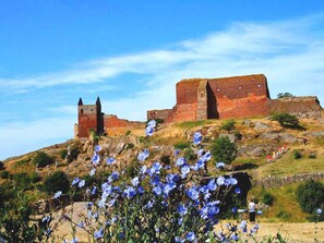 A historic stone castle with multiple towers and walls, surrounded by a grassy landscape and wildflowers. - 2 Person Holiday Home in Gudhjem (Gudhjem)