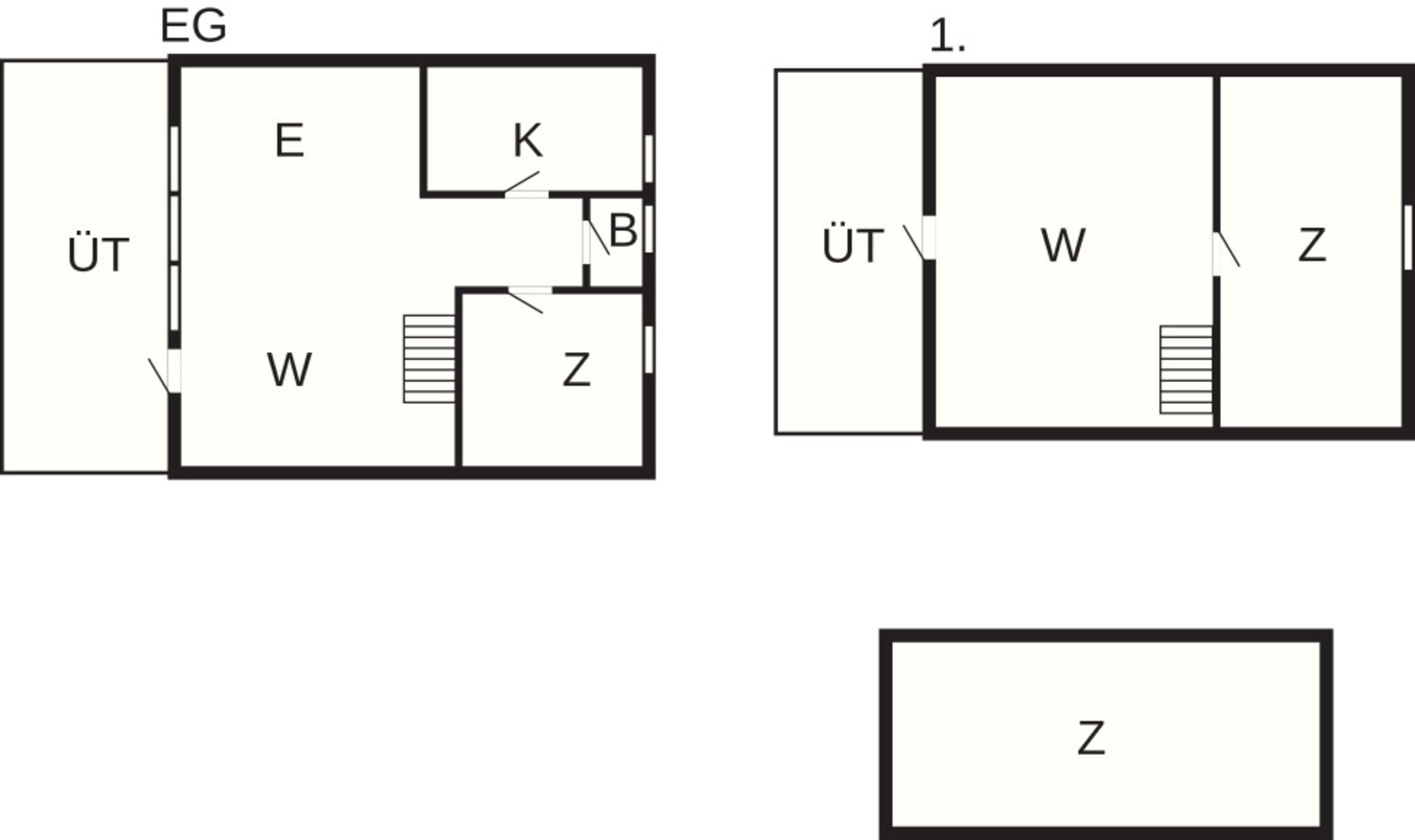 Grundriss mit beschrifteten Räumen: EG, E, K, B, W, Z und 1.
