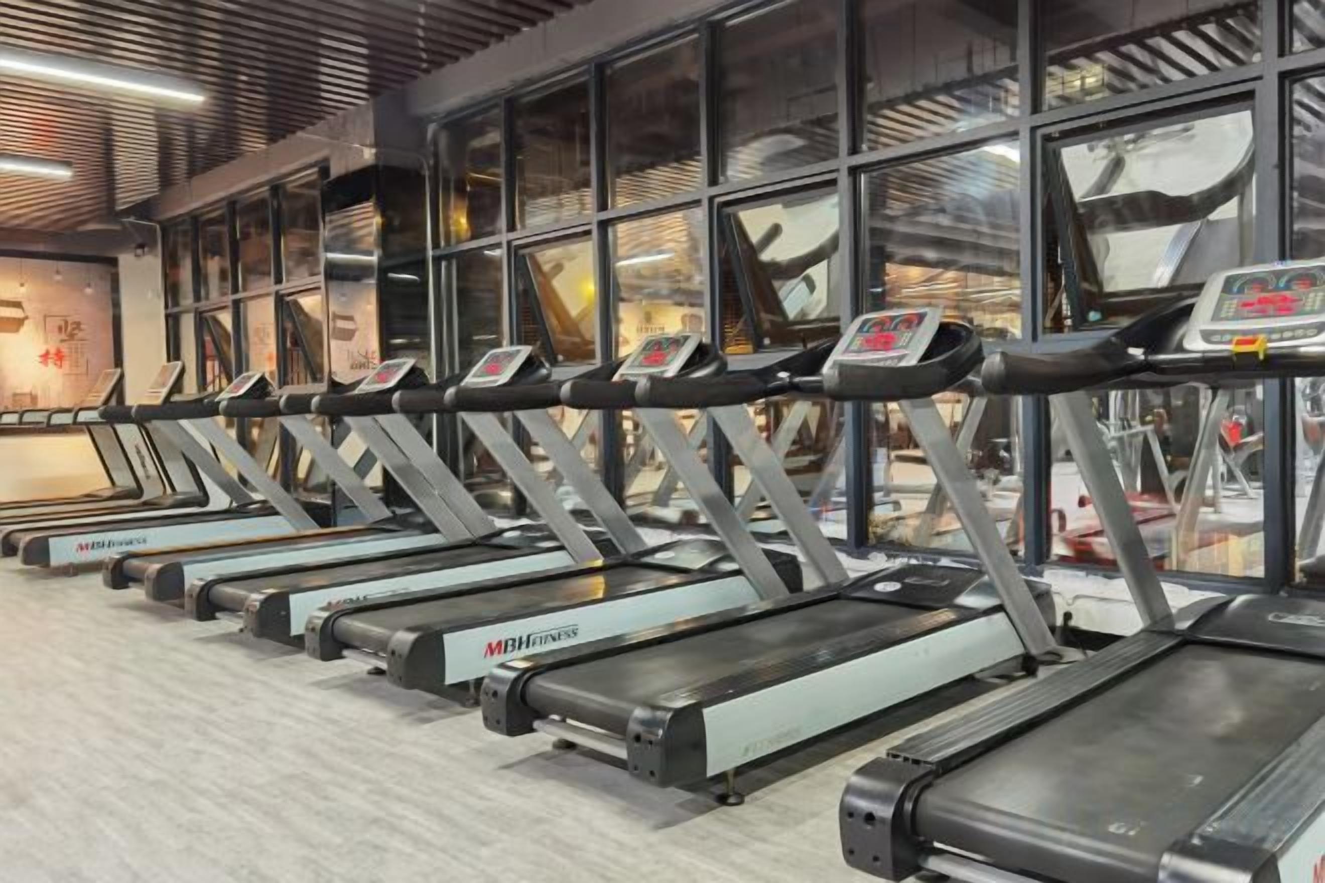 A row of treadmills in a gym with large windows and a modern ceiling design.