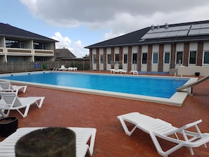 En swimmingpool med solstolar och en byggnad med solpaneler.