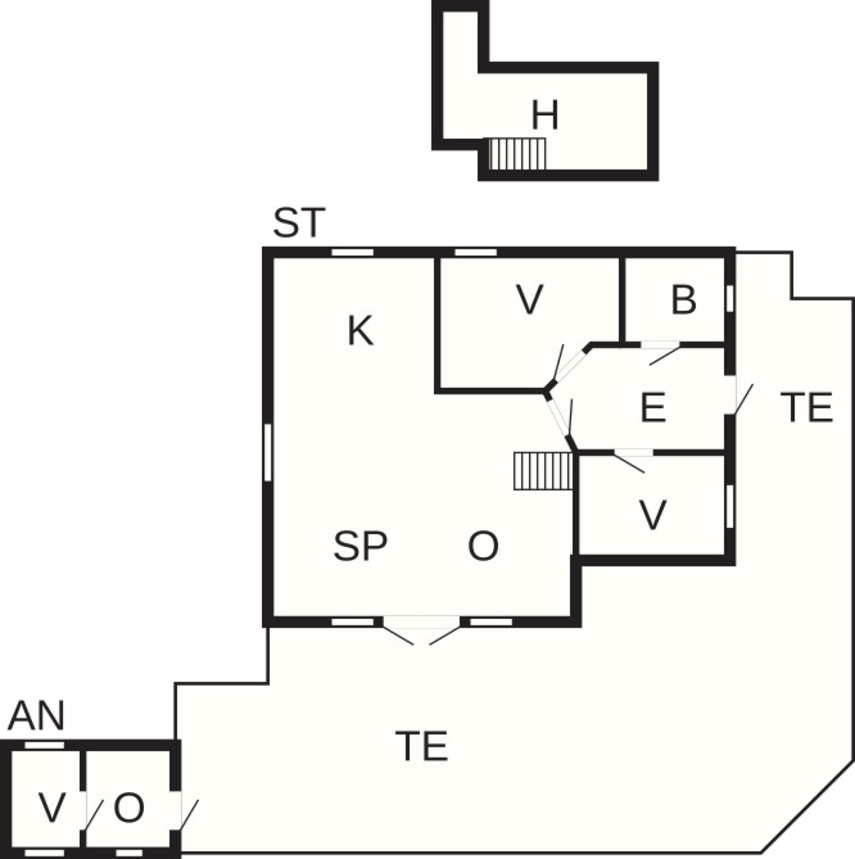 Distribución de un hotel mostrando varias habitaciones identificadas con las etiquetas ST, K, SP, V, B, E, TE y TE.