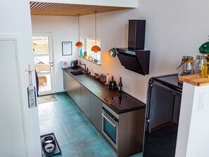 A modern kitchen with a built-in oven, a refrigerator, and a sink. - 6 Person Holiday Home in Otterup (Otterup)