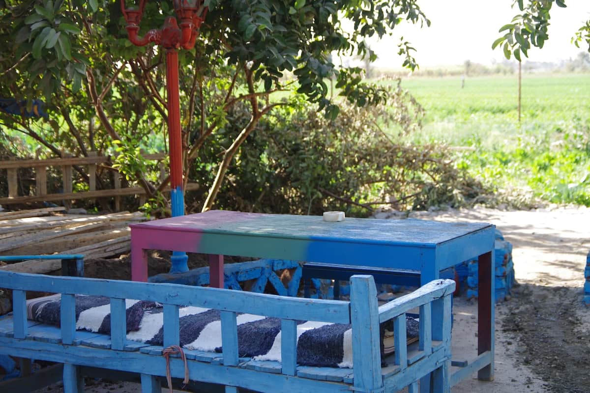 Un área de estar al aire libre de estilo rústico con una mesa y bancos, rodeada de follaje y un campo.