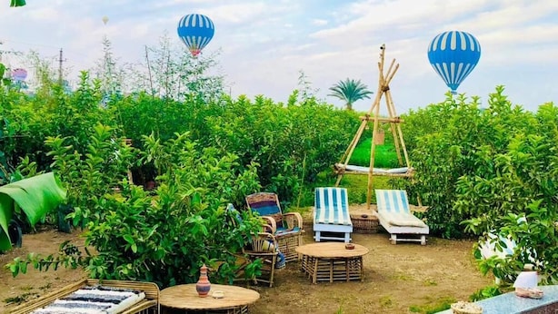 Un jardín con sillones de descanso, una mesita y una estructura tipi.