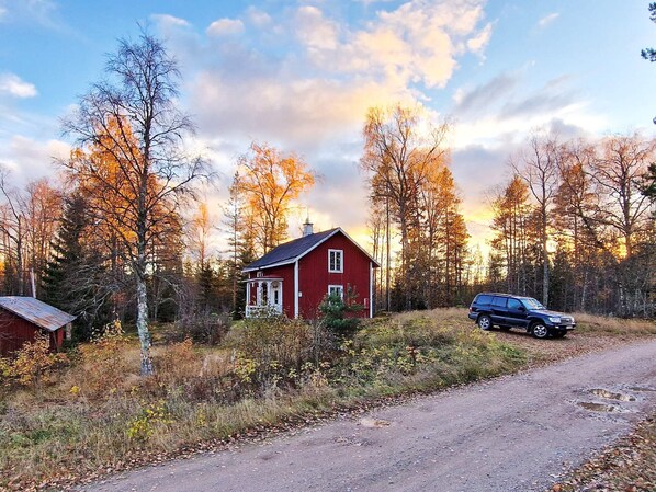A red cabin with a porch, surrounded by trees and a dirt road. - 4 Person Holiday Home in Malung-by Traum (Malung)