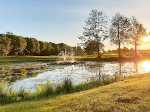 A pond with a fountain, surrounded by grass and trees, with a clear sky and sunlight. - 6 Person Holiday Home in Strandby (Strandby)