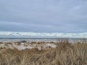 A beach with sand dunes and a cloudy sky. - 6 Person Holiday Home in Strandby (Strandby)