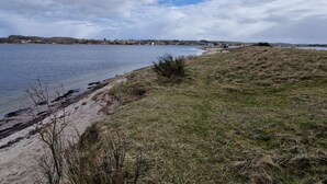 A lakeside view with a grassy area, a sandy beach, and a distant shoreline with buildings. - 6 Person Holiday Home in Hojslev (Hojslev)