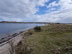 A lakeside view with a grassy area, a sandy beach, and a distant shoreline with buildings. - 6 Person Holiday Home in Hojslev (Hojslev)