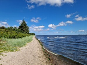 A coastal path with a sandy trail leading to the water, surrounded by greenery and a clear sky.