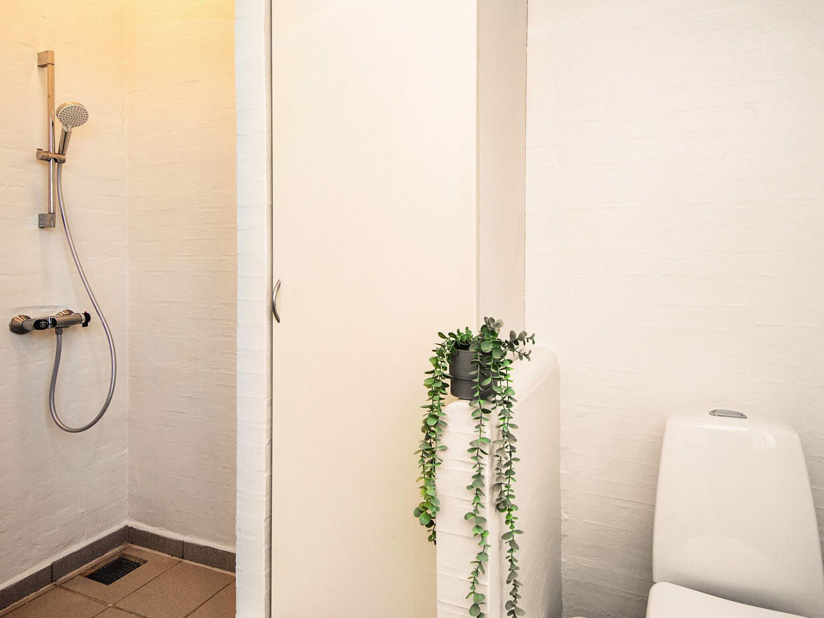 A bathroom with a shower, a toilet, and a potted plant.