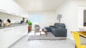 Departamento estándar | Área de sala de estar | Smart TV de 55 pulgadas con canales digitales y televisión