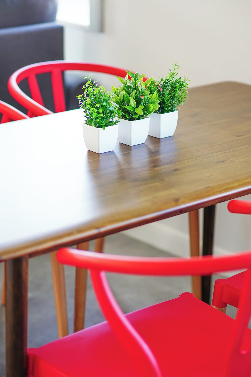 Una mesa de comedor con tres macetas cuadradas blancas que contienen plantas verdes.