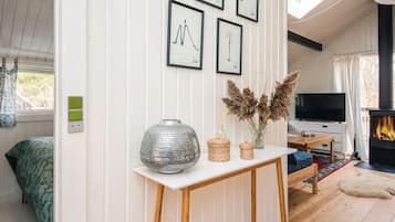 Una sala de estar acogedora con televisor, chimenea y cama.