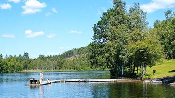 A calm lake with a dock extending into the water, surrounded by dense trees and a clear sky.