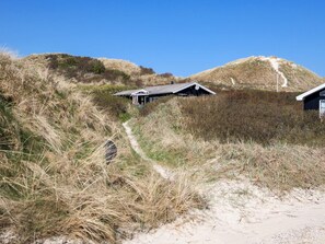 A coastal path leading to a small building with a sloped roof, surrounded by dunes and sparse vegetation.