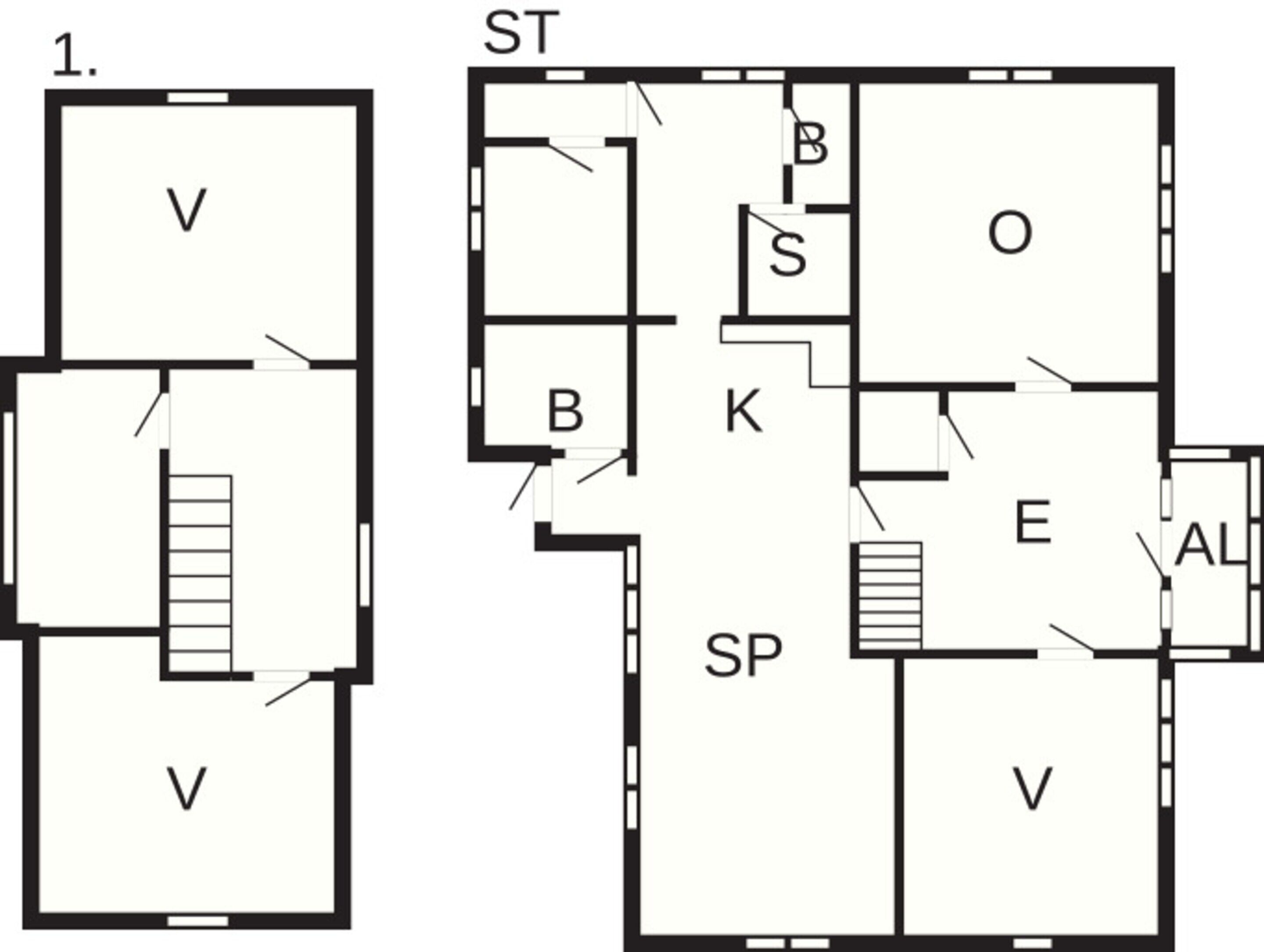 A floor plan with two main areas labeled 'V' and 'SP'.