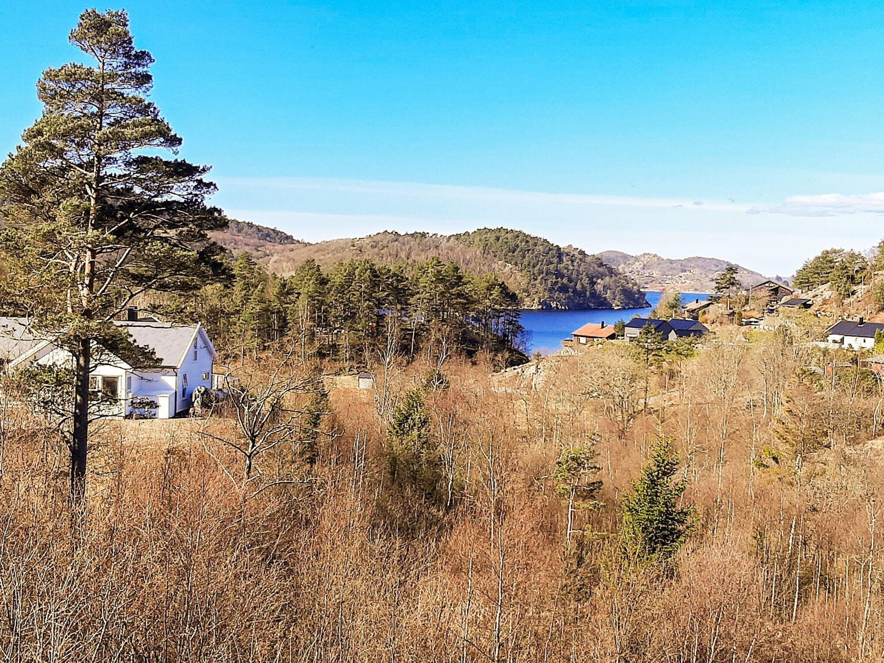 A coastal village with houses, a lake, and forested hills.