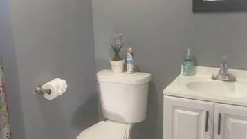 Douche, serviettes fournies, savon, shampooing