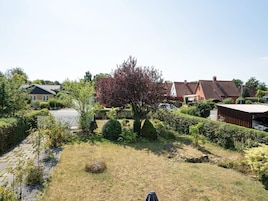 A residential area with houses, a tree, and a paved driveway.