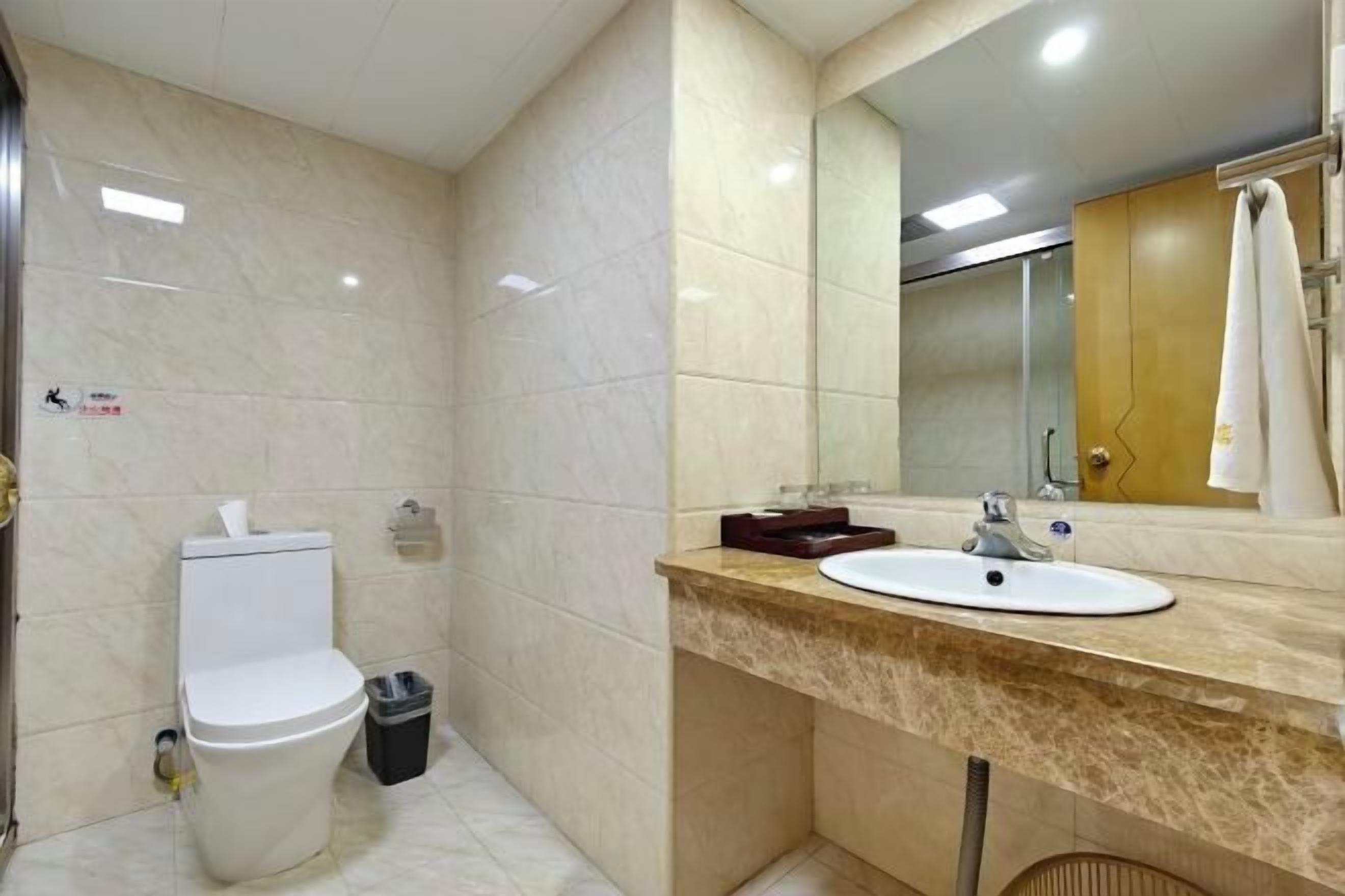 A bathroom with a toilet, sink, mirror, and towel rack.