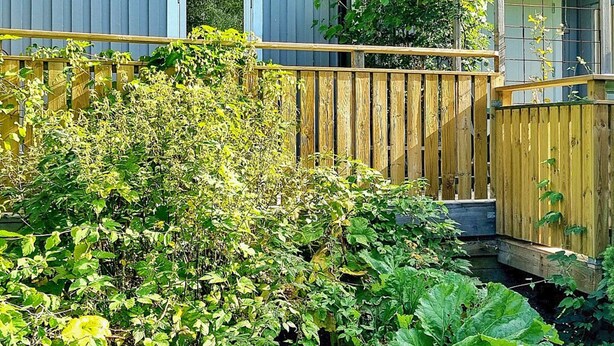A wooden deck with a wooden fence, surrounded by lush greenery and a house with a window. - 4 Person Holiday Home in Uddevalla (Uddevalla)