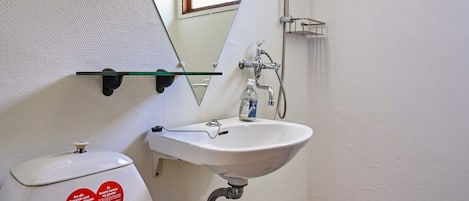 A bathroom with a white sink, a toilet, and a shower.
