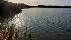 A calm lake with sunlight reflecting on the water, surrounded by trees and vegetation. - 7 Person Holiday Home in Ansager (Ansager)