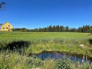 A yellow house with a field and a small pond in the foreground. - 4 Person Holiday Home in Bengtsfors-by Traum (Bengtsfors)
