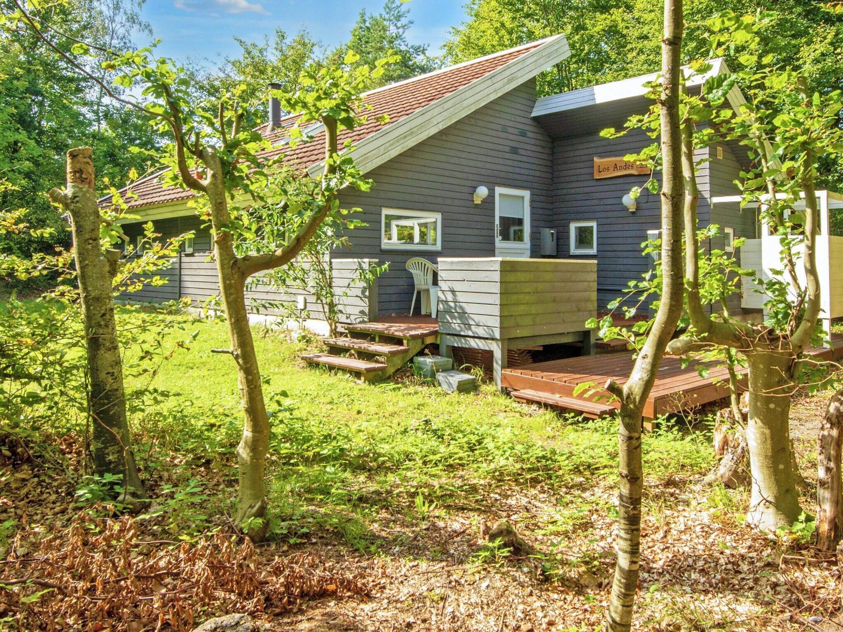 A cabin with a wooden deck, a small porch, and a sign reading "Los Andes."