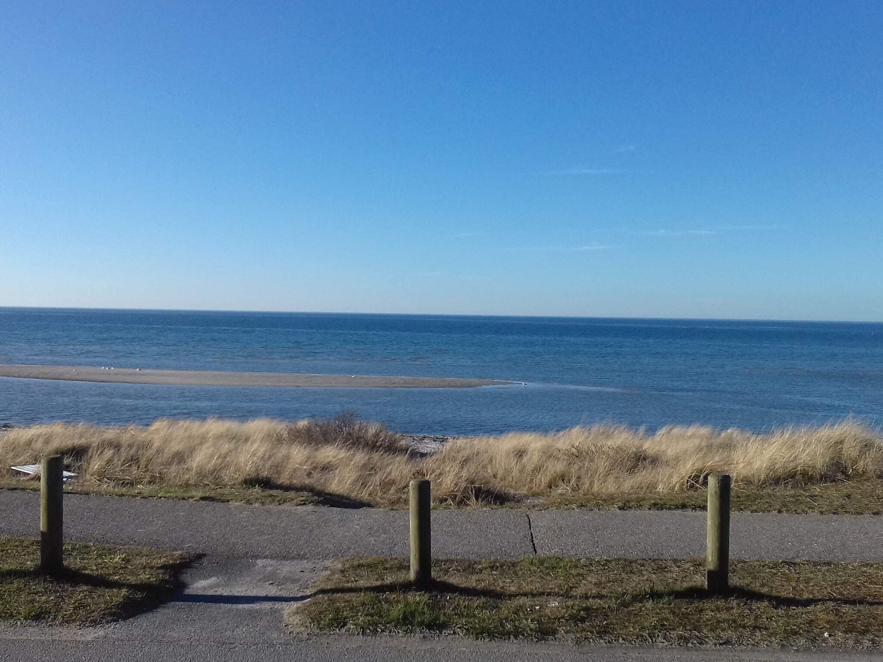 Une route côtière bordée de zones verdoyantes et offrant une vue dégagée sur la mer.